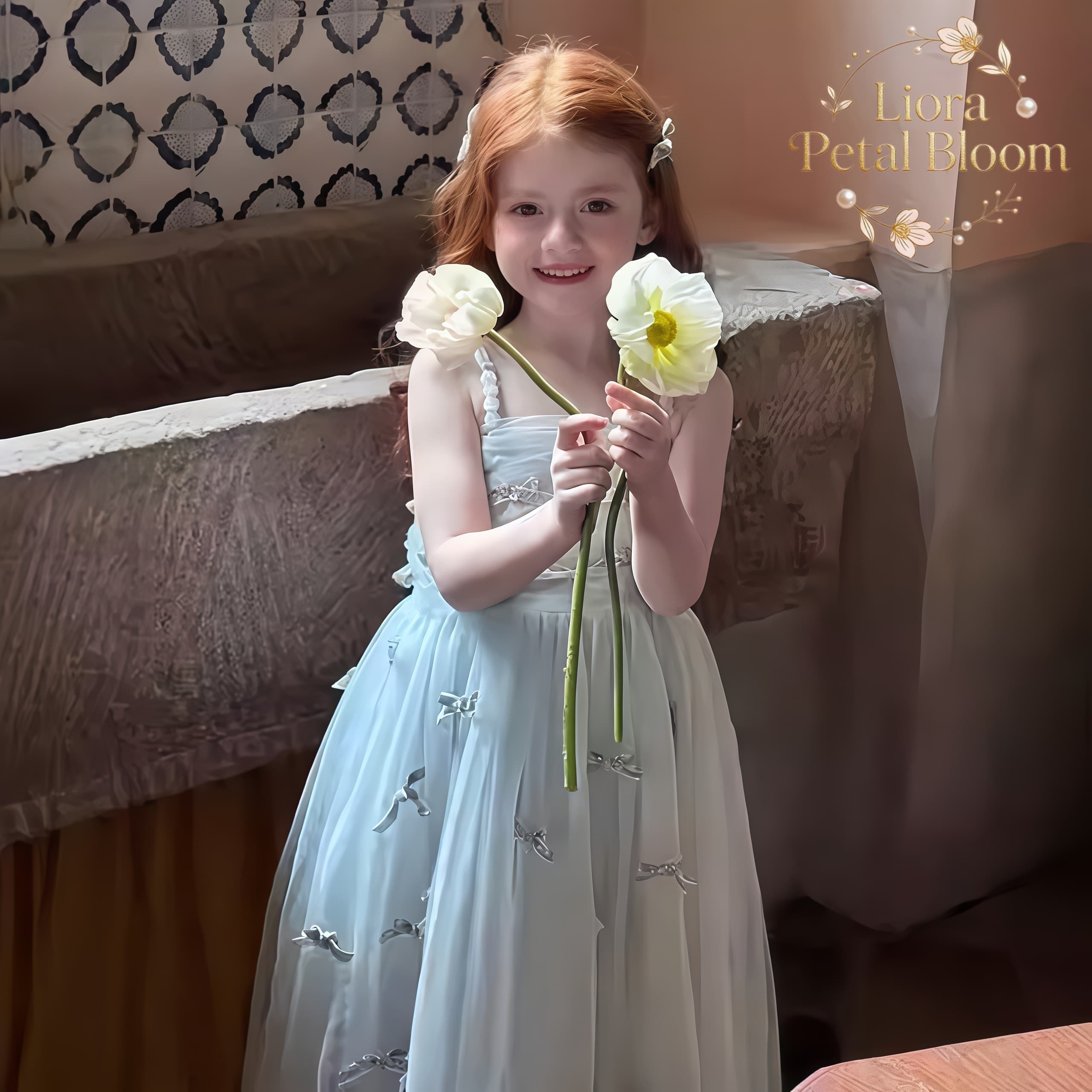 Formal Attire Woman - Niebieska sukienka dla dziewczynek z kokardą,